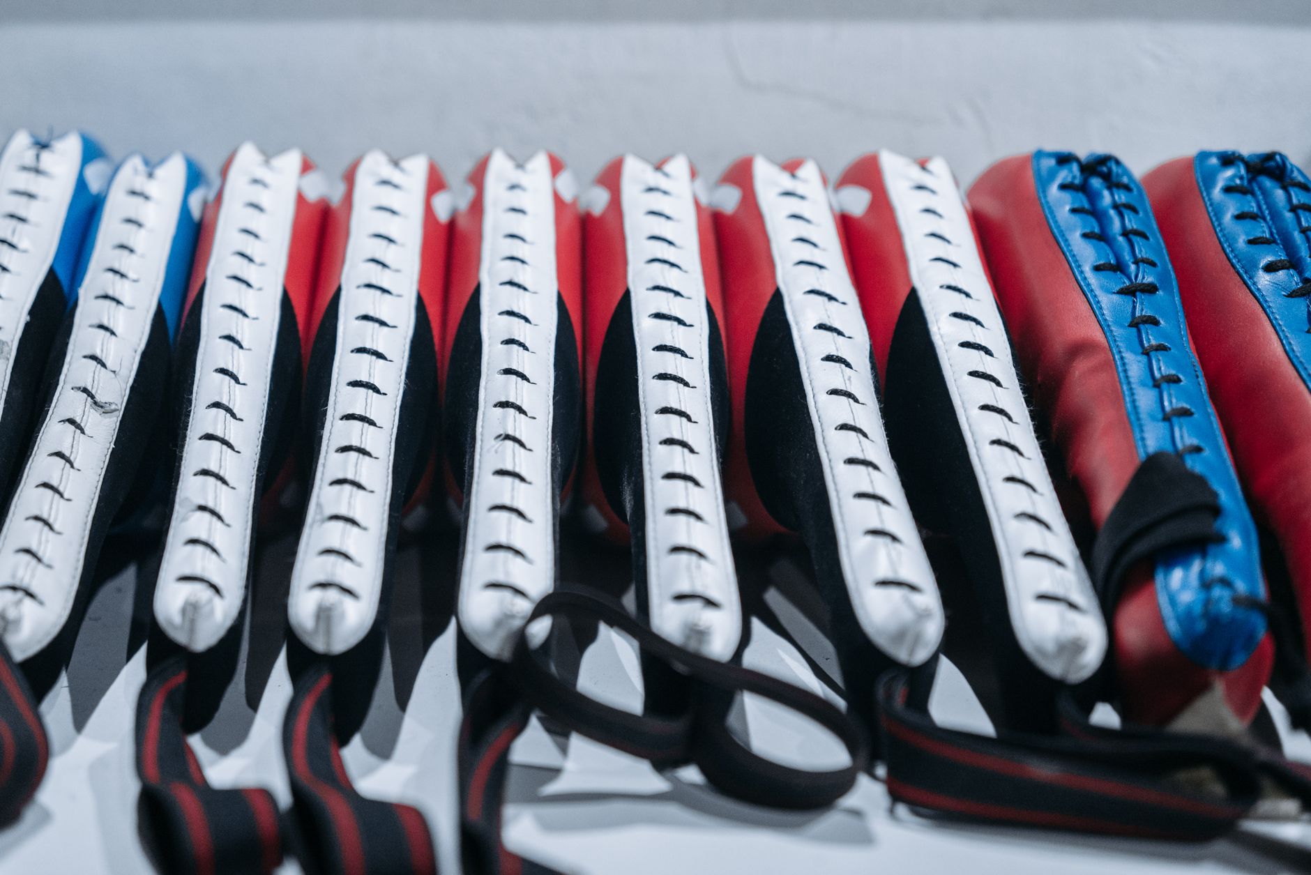 Vibrant boxing pads in red, blue, and white lined up for a gym training session.