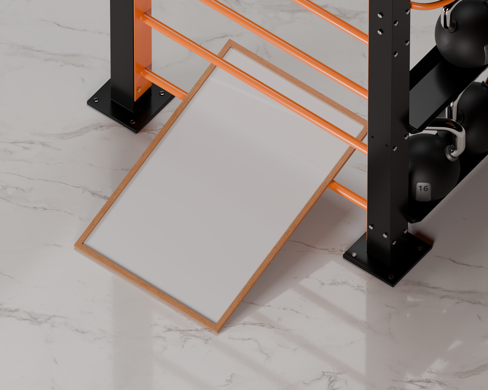 Gym weights and rack on a marble floor with a leaning frame for a sleek and modern look.