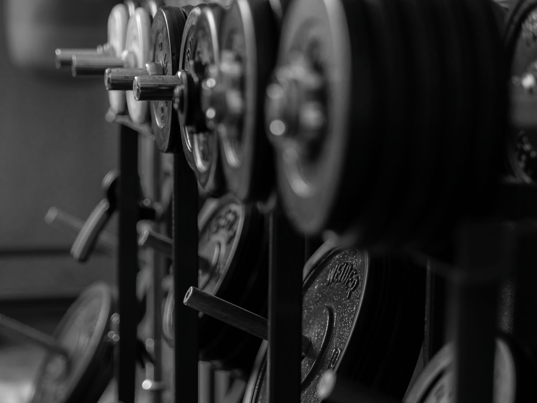Black and white close-up of steel exercise weights in a gym setting.