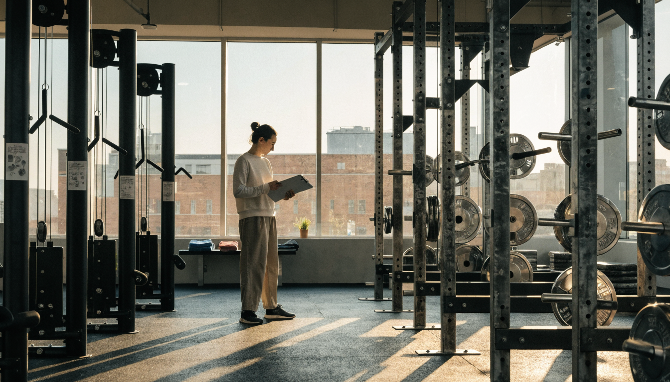 A lone barbell rests in an empty, dimly lit gym, emphasizing strength and solitude.