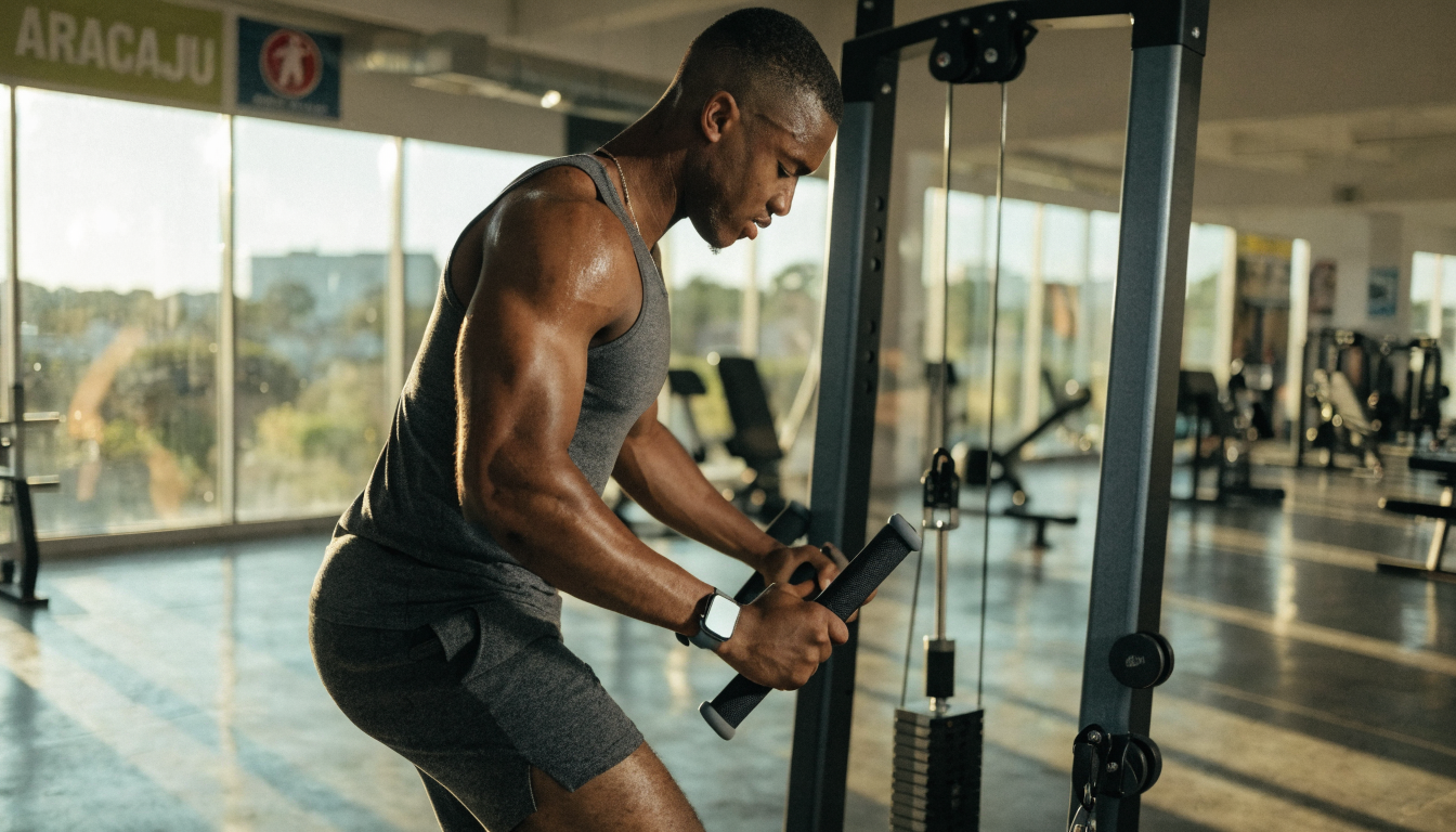 A strong man in activewear working out on a cable crossover machine indoors.