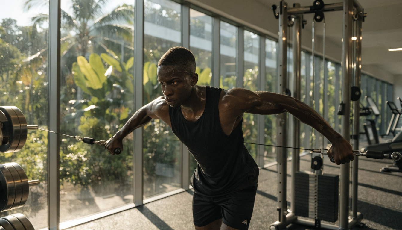 Shirtless man showcasing muscles during a workout in a gym environment.