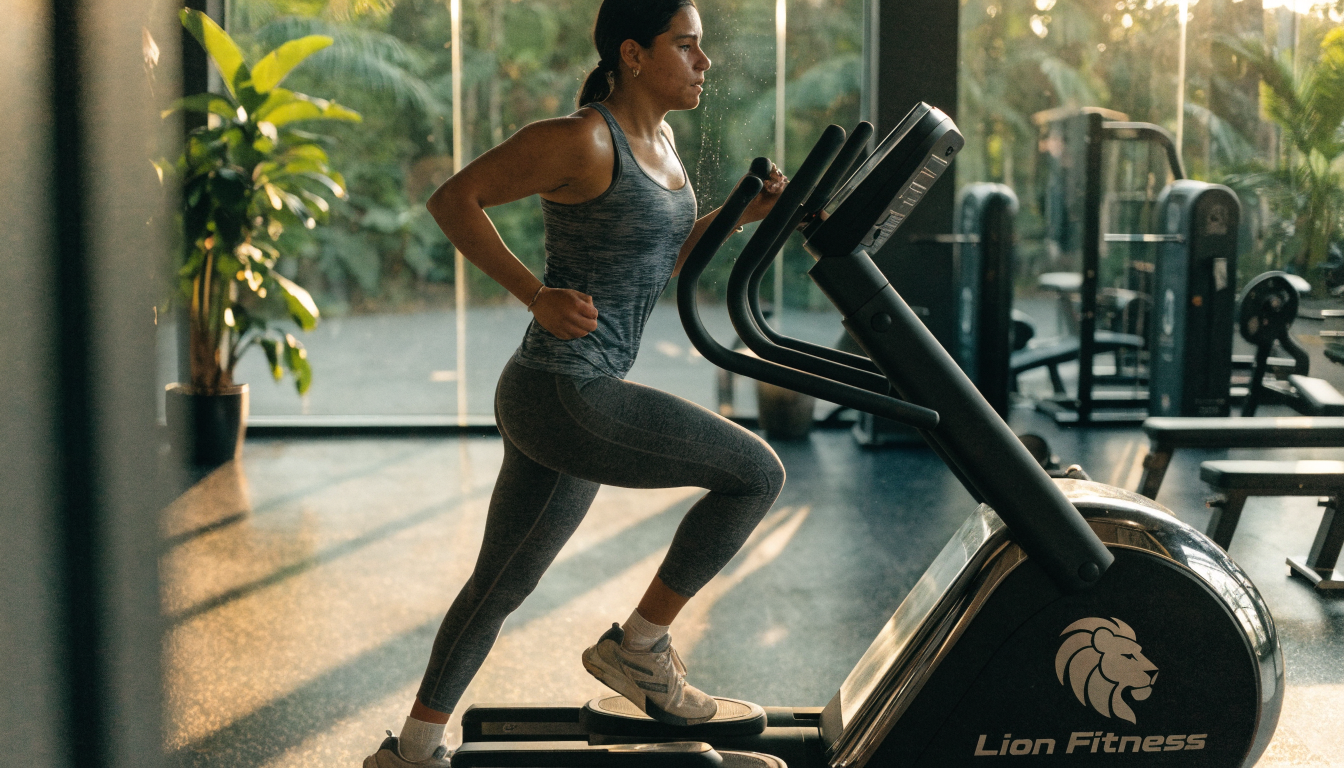Row of treadmills and exercise machines in a well-lit modern gym setting.