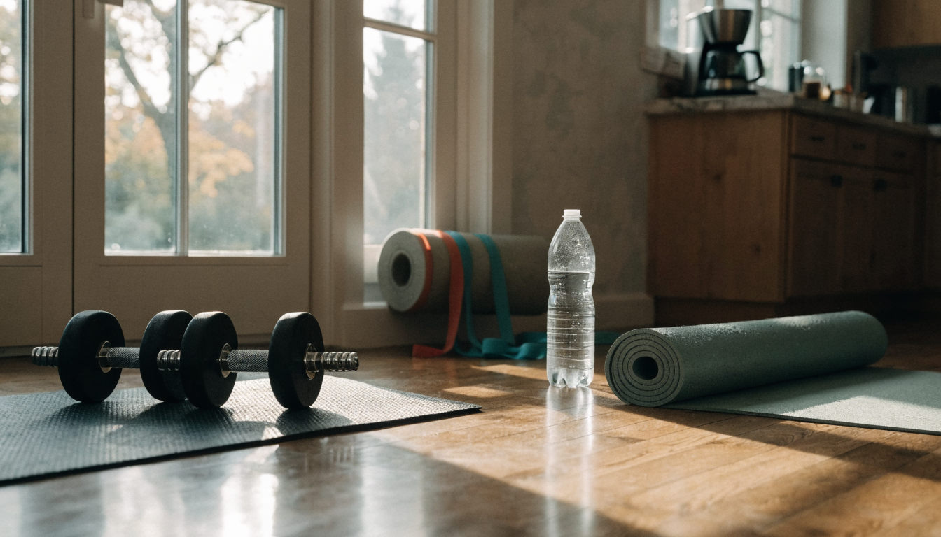 Modern minimalist yoga studio with two mats and dumbbells, perfect for workout routines.
