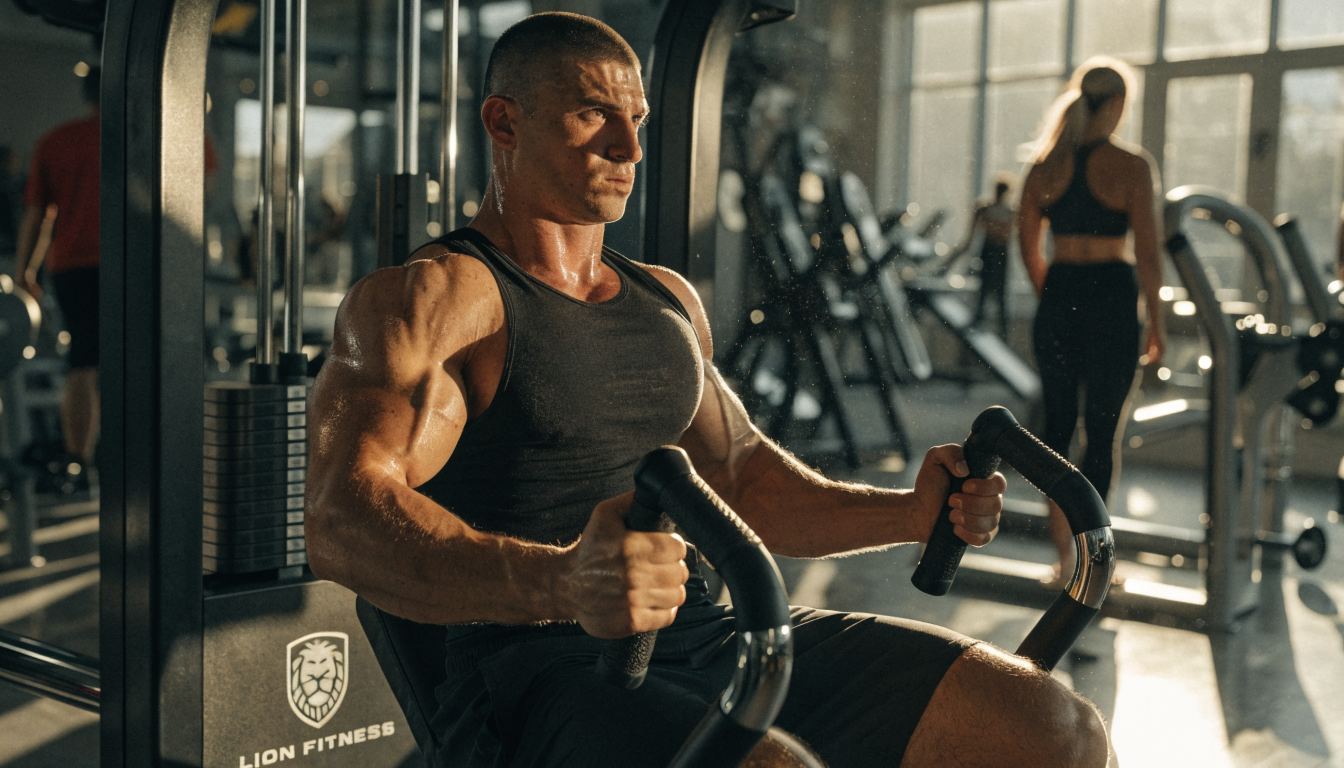 A muscular man lifting dumbbells intensely in a gym setting, showcasing strength and focus.