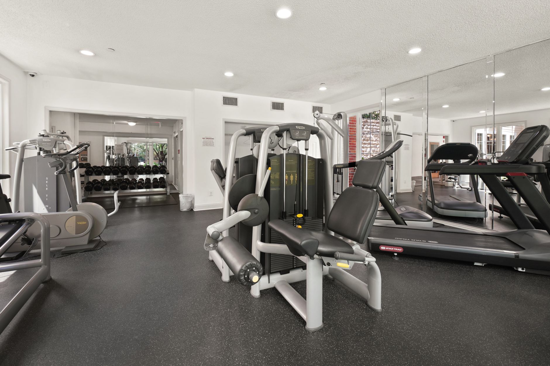 Spacious gym interior featuring various fitness equipment and natural lighting.