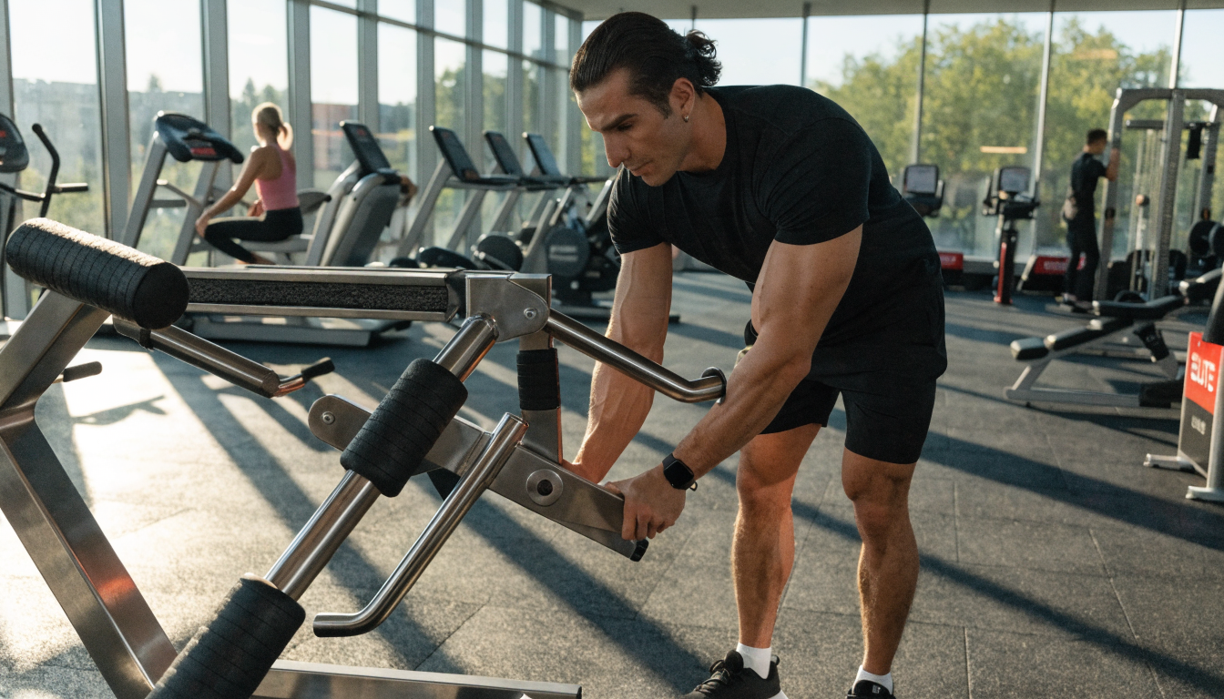 Full body of muscular sportsman in activewear doing exercises with instructor in modern gym