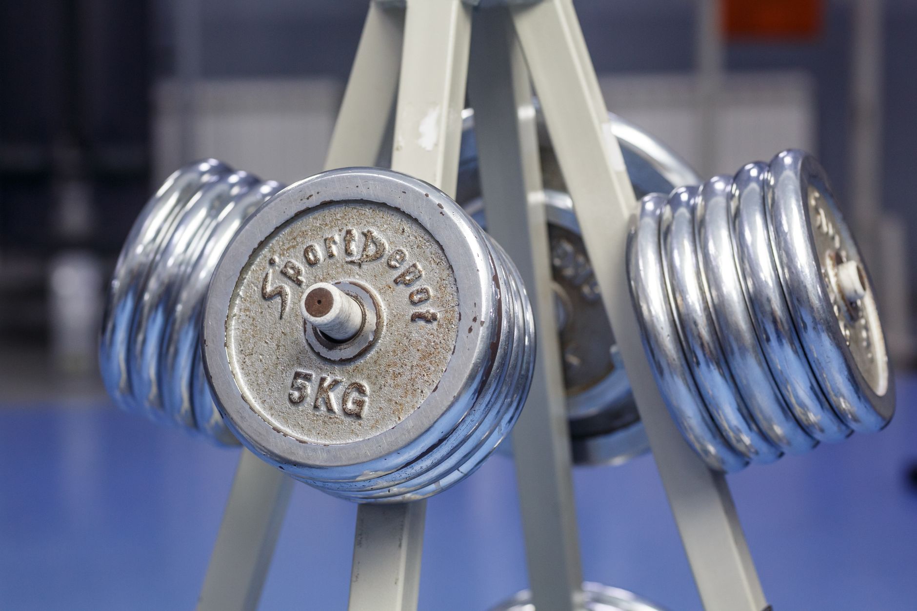 Close-up of chrome dumbbells on a gym rack displaying 5kg weights.