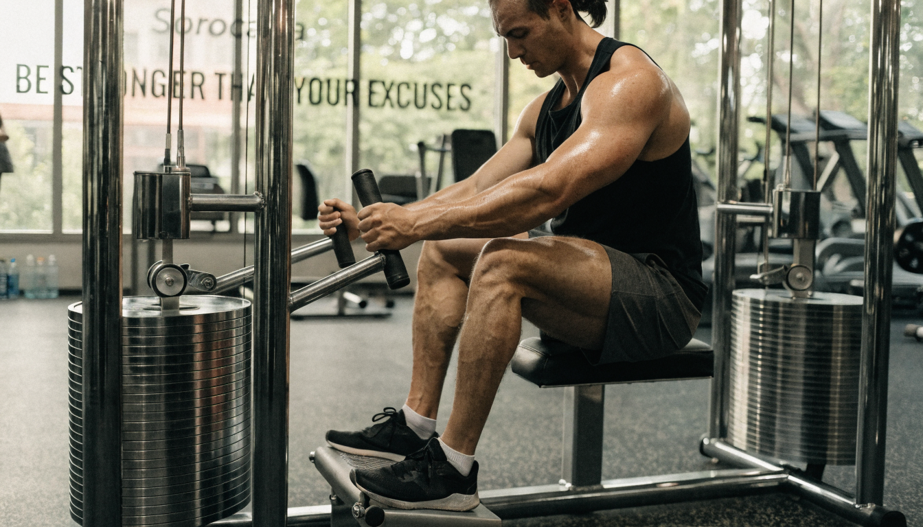 Colorful fitness setup with dumbbells, clipboard, and push straps on a vibrant background.
