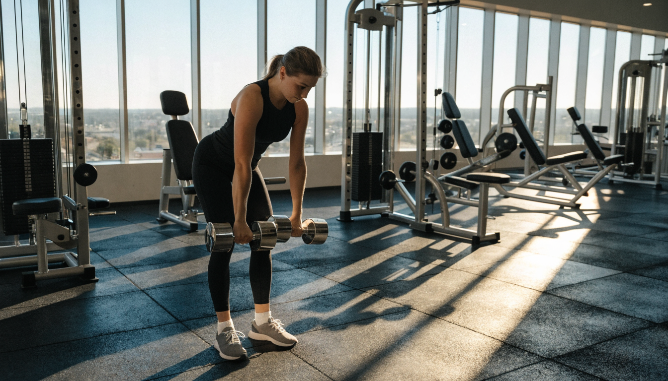 Fit woman exercising on a treadmill in a modern gym setting.