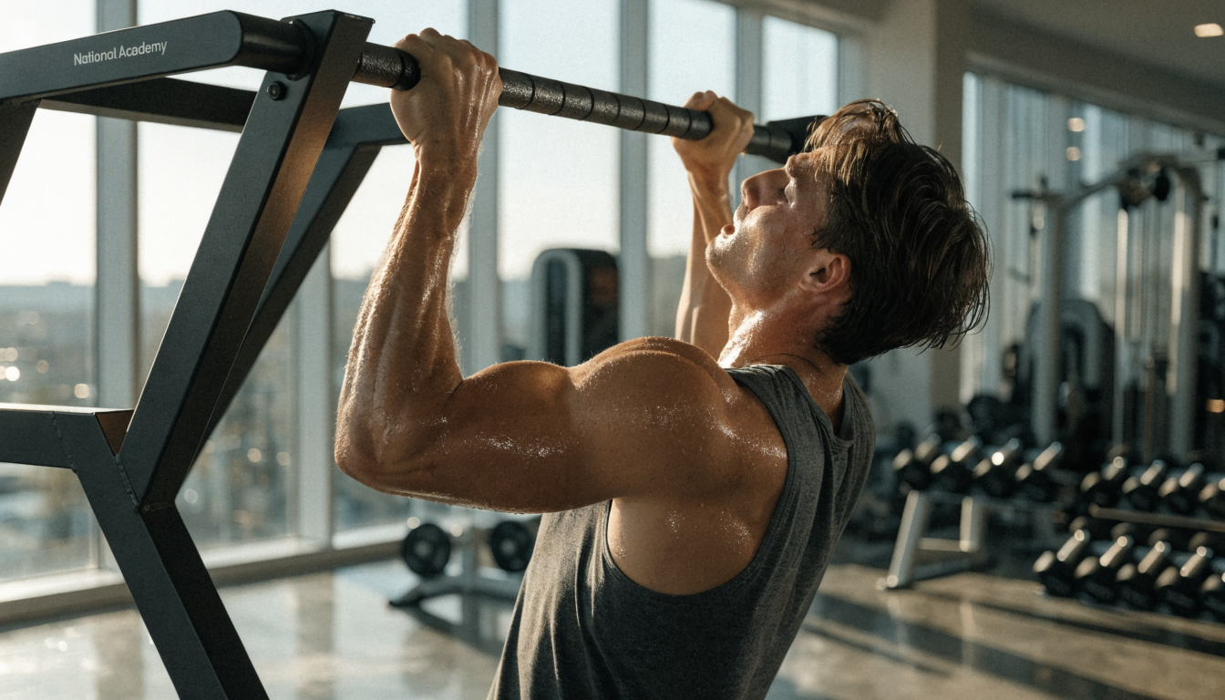 Focused sportsman doing knee to chest exercise for abdomen muscles on machine during intense workout in modern gym