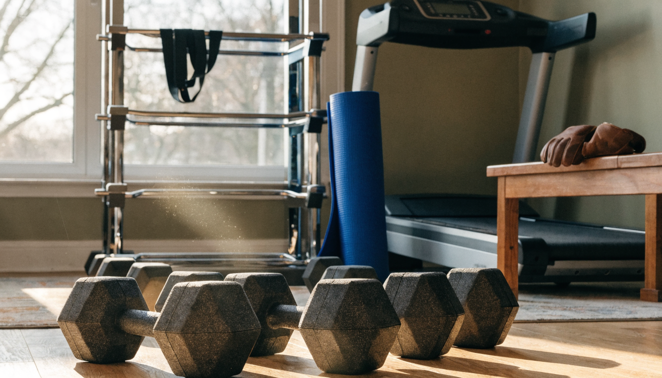Pair of black dumbbells on lush green grass, ideal for outdoor fitness imagery.