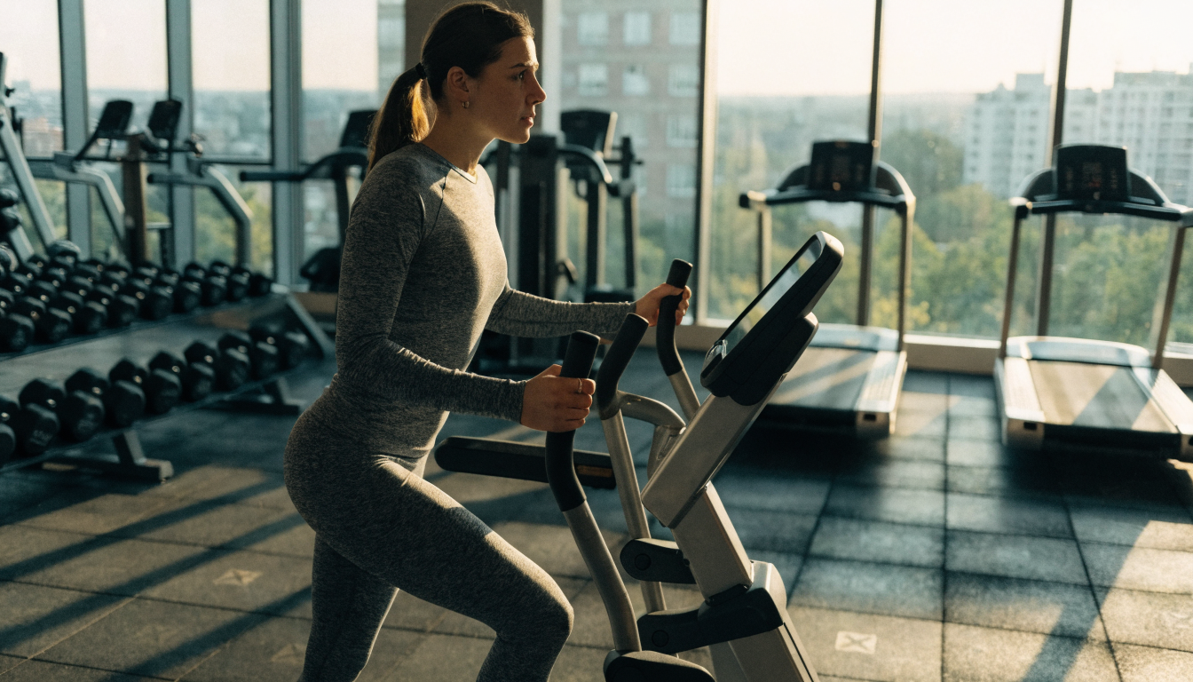 Woman exercising with kettlebell and barbell in a modern gym setting.
