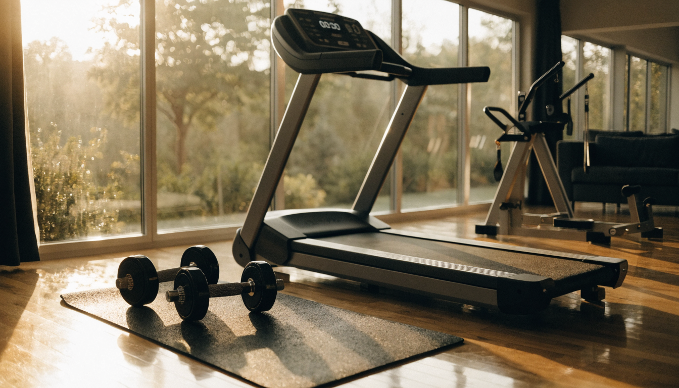 Young woman working out on a treadmill in a gym with large windows. Fitness-focused lifestyle.