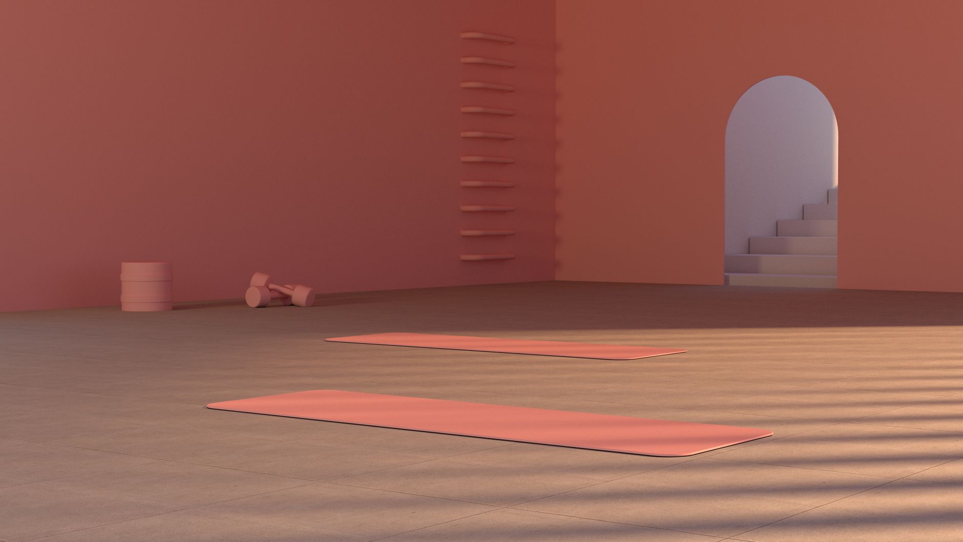 Modern minimalist yoga studio with two mats and dumbbells, perfect for workout routines.