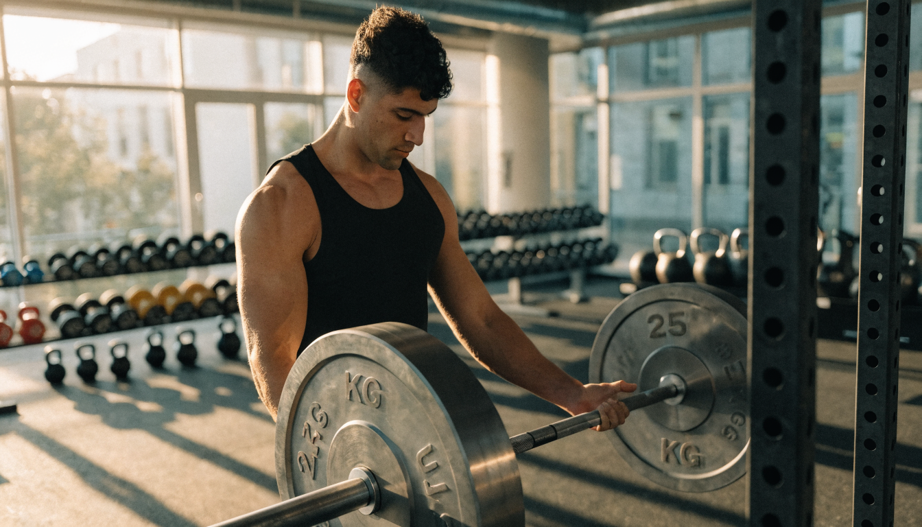 Detailed image of black weight plates stacked in a gym setting, perfect for fitness and workout themes.
