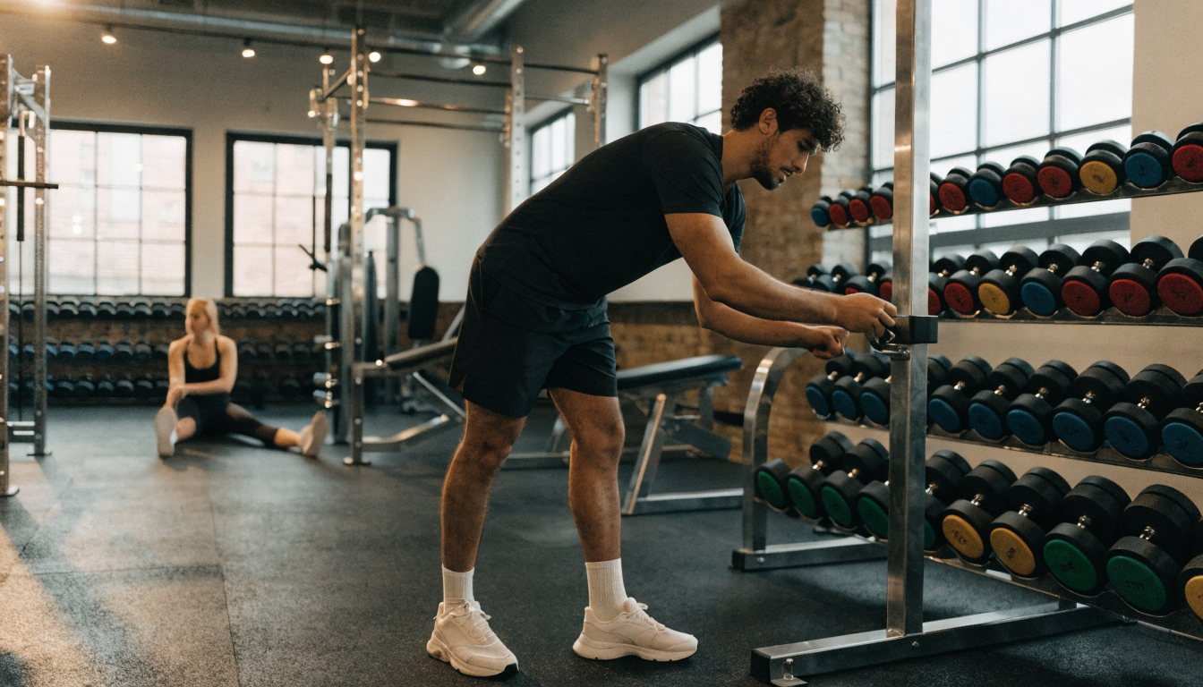 A muscular man working out in a gym, lifting a dumbbell for strength training.