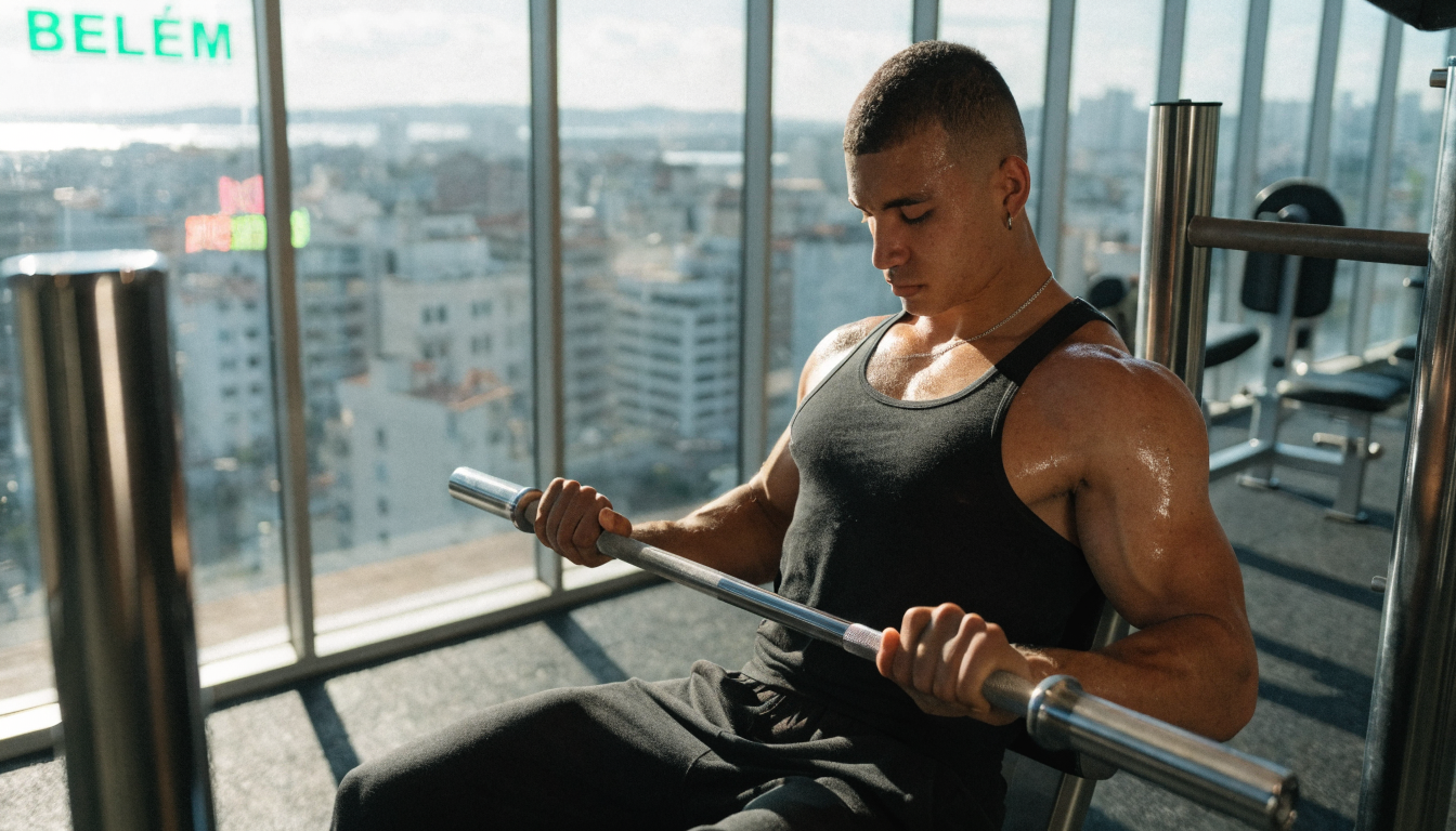 Adult male resting in a gym with an orange towel after strength training.