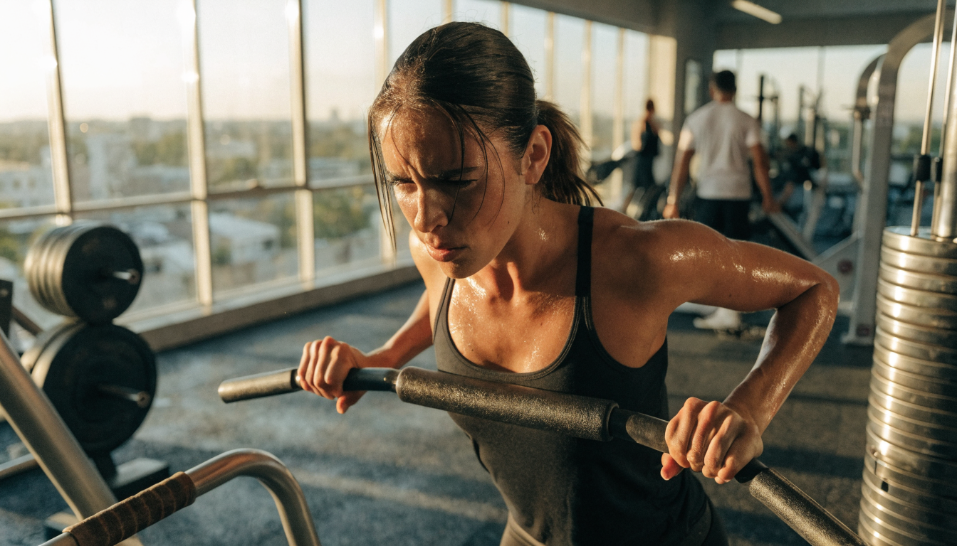 Woman exercising with dumbbells in gym. Focused on strength training and fitness.