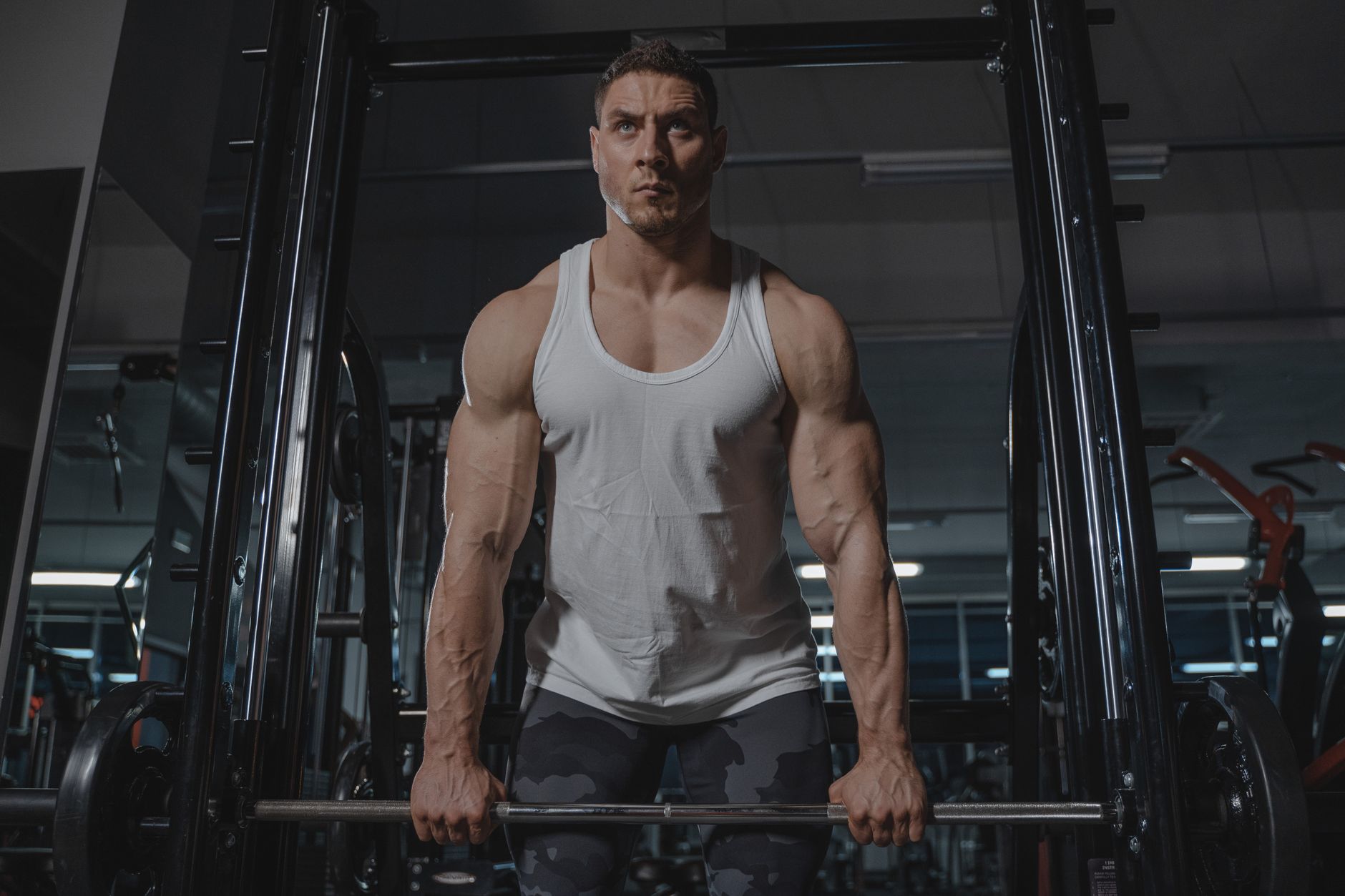 Male bodybuilder lifting weights during workout in gym. Intense focus and physical strength displayed.