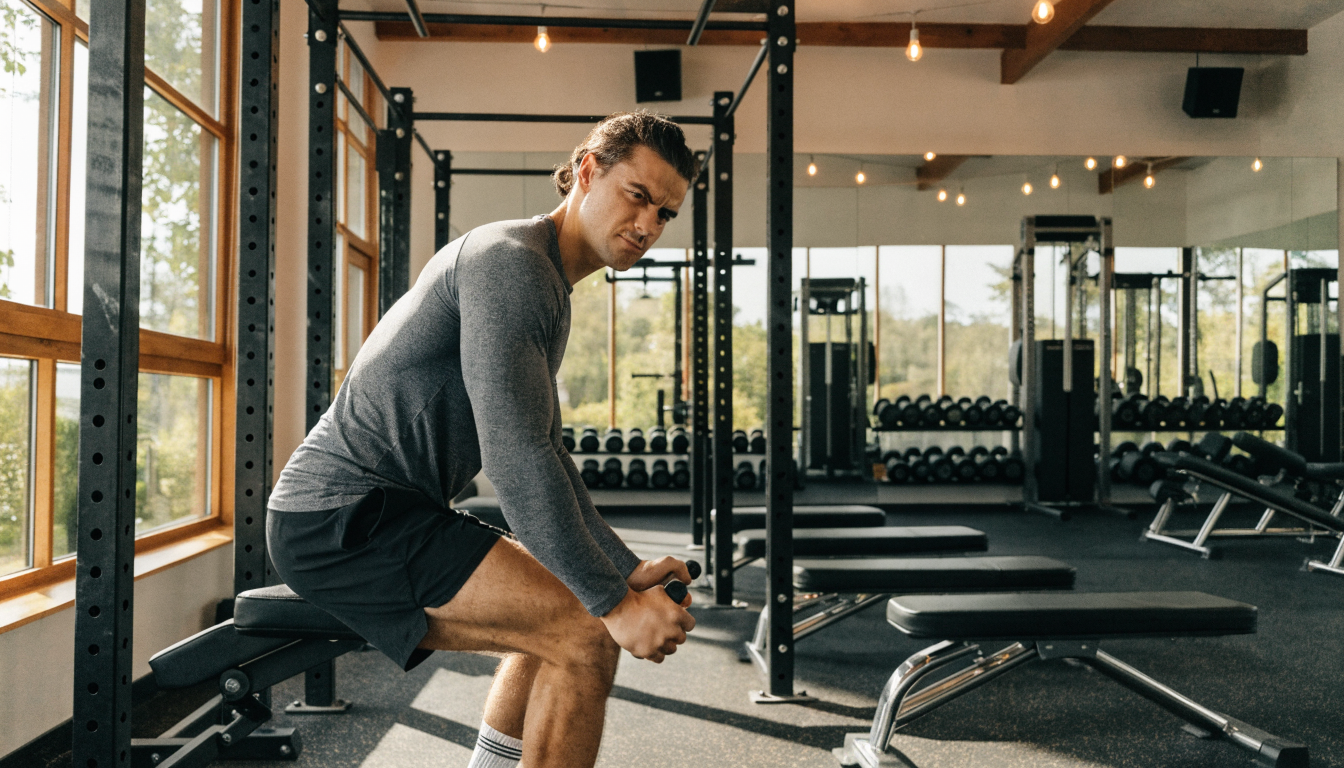 Man stretches in gym, surrounded by equipment, in a black-and-white setting.