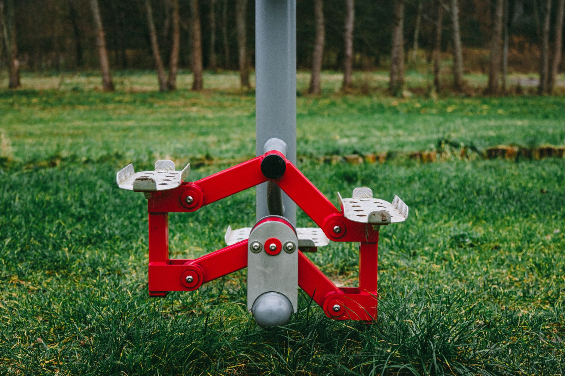 Bright red exercise equipment in a lush green Polish park setting, perfect for fitness enthusiasts.