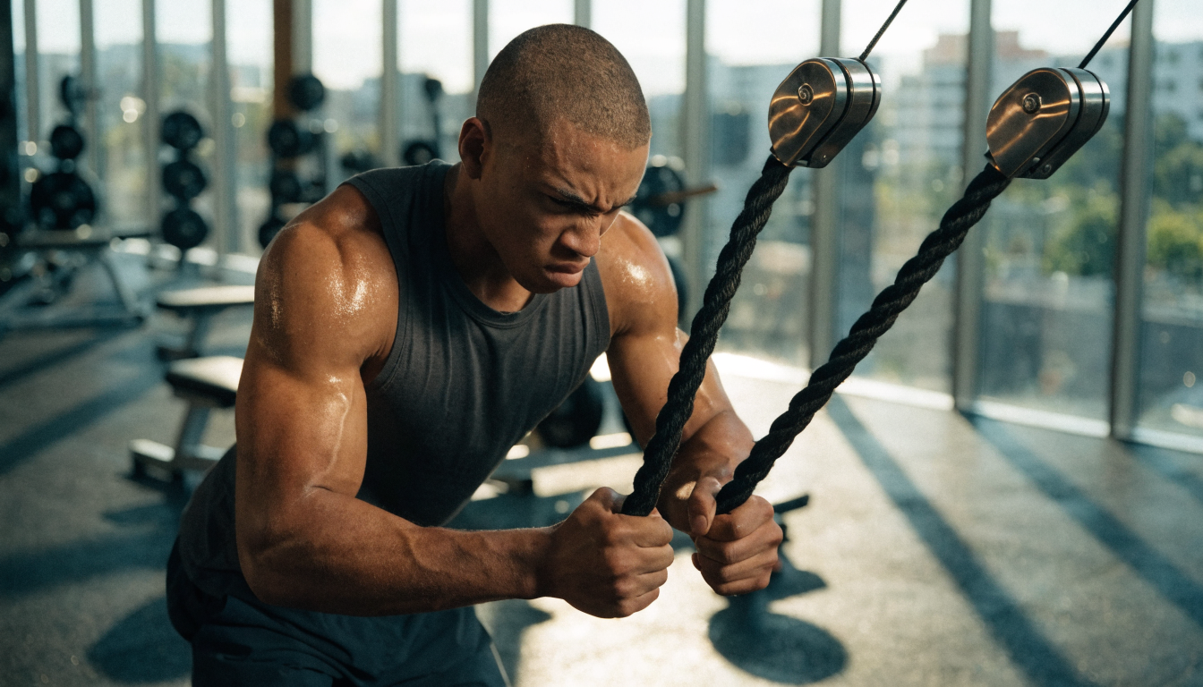 An adult man intensely exercising with gym equipment, showcasing strength and determination.
