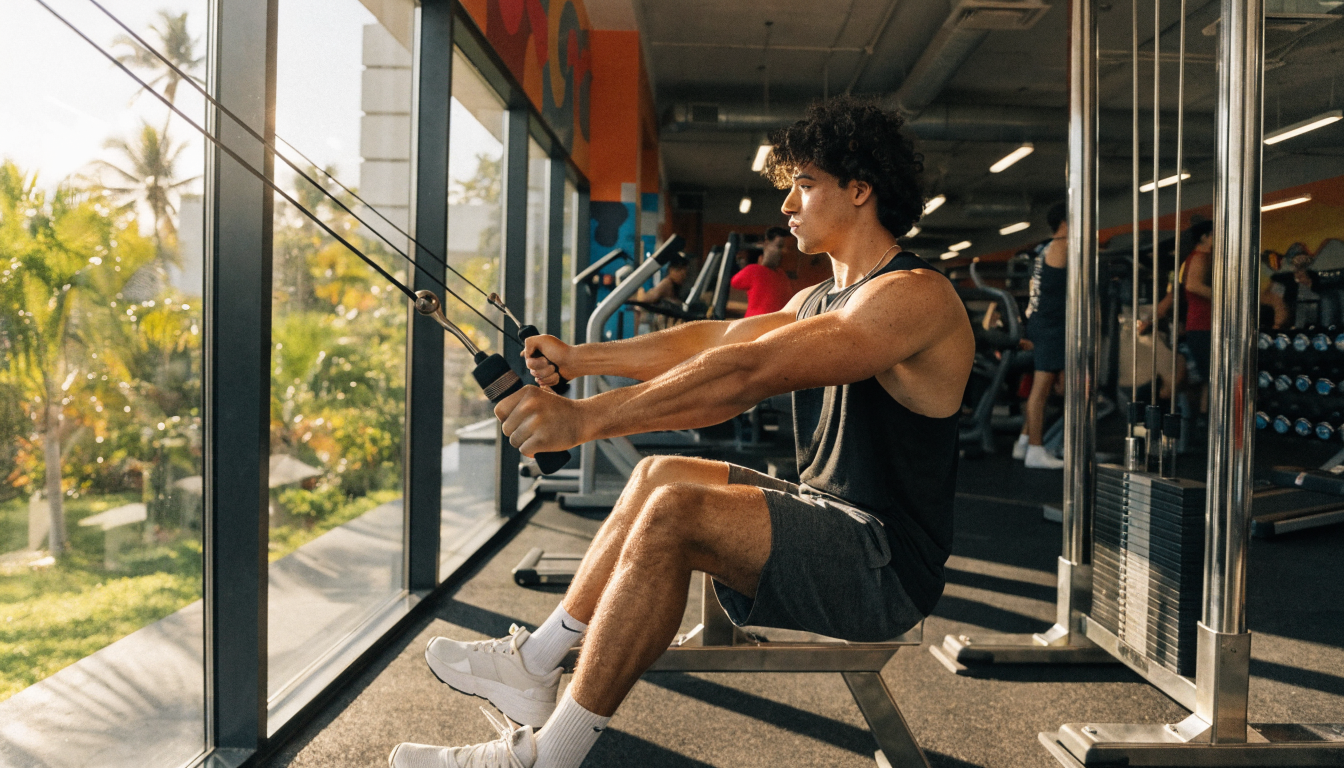 Athletic man lifting dumbbells in a gym for strength training workout.