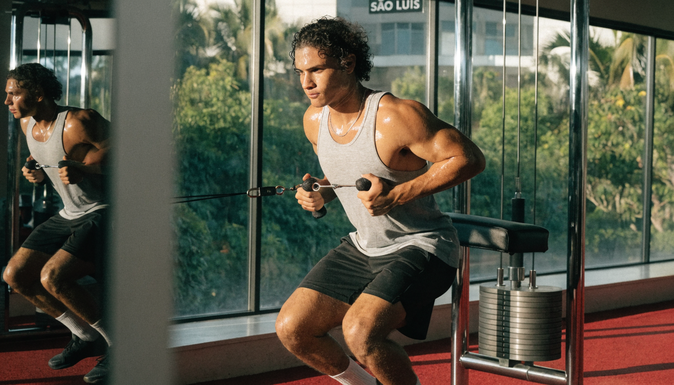 Shirtless man performing kettlebell workout in a modern gym setting.