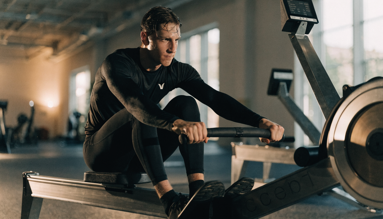 Focused man with tattoos works out in a dimly lit gym, showcasing strength and determination.