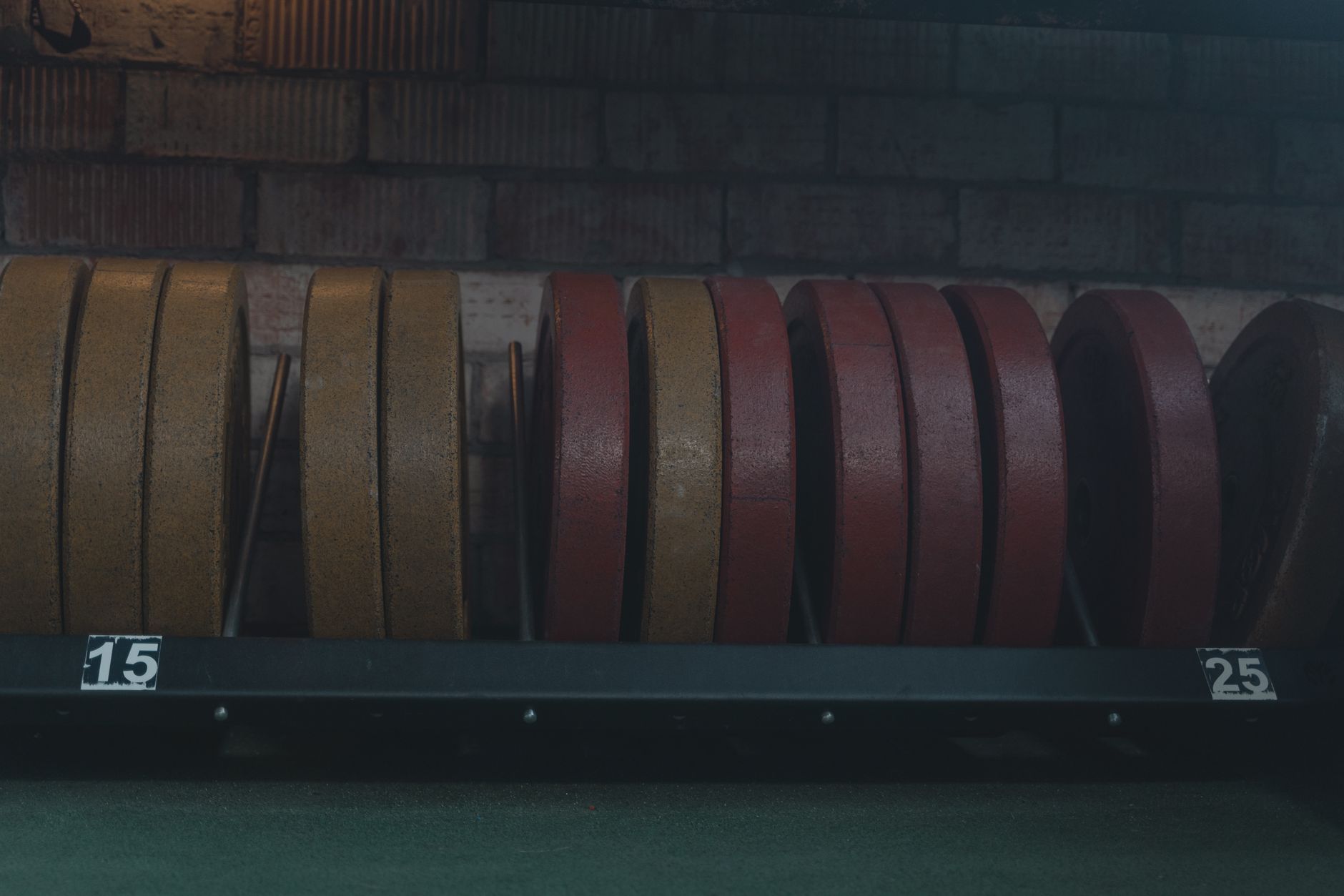 Detailed view of gym weight plates on a rack in an indoor fitness center.