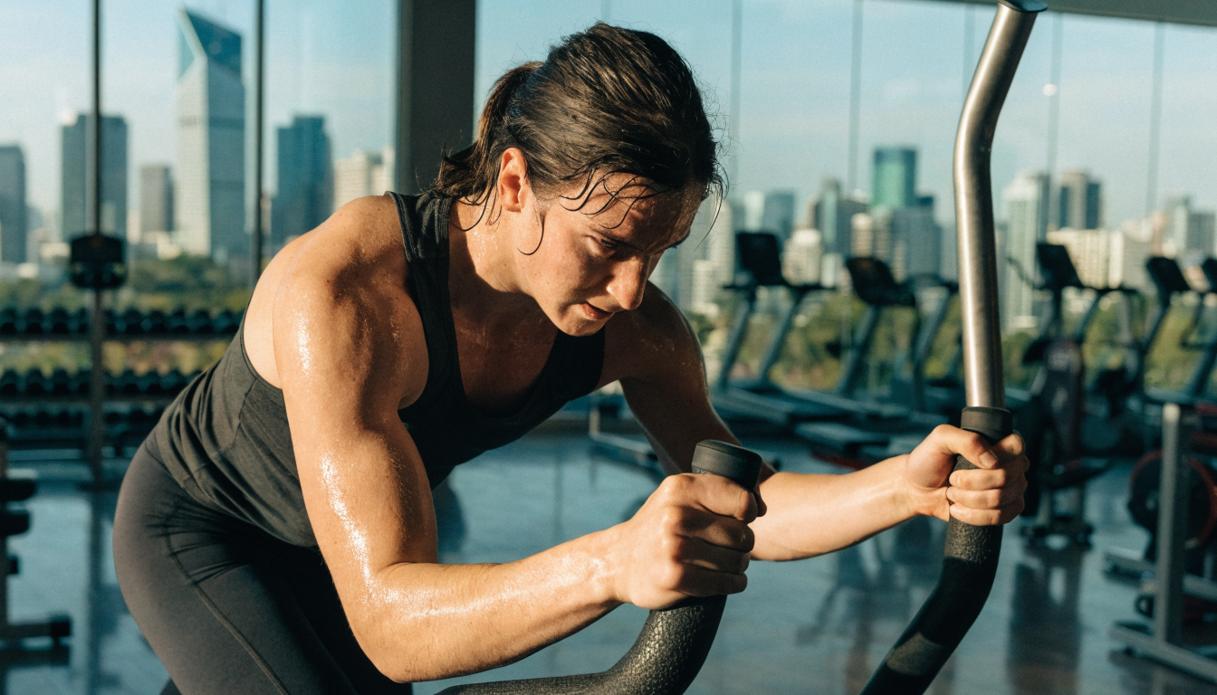 Adult man working out outdoors in Mexico City gym, focused on fitness goals.