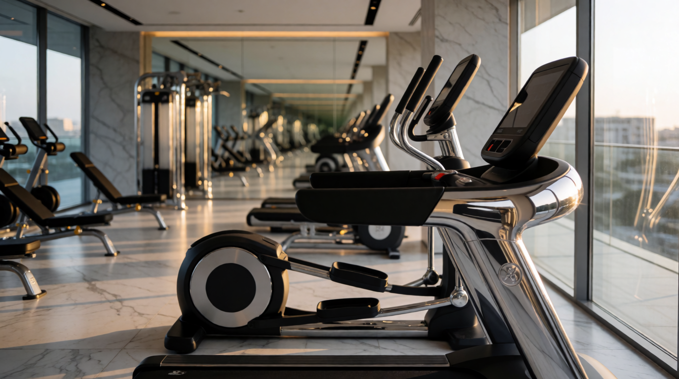 Interior de academia luxuosa com máquinas de musculação modernas