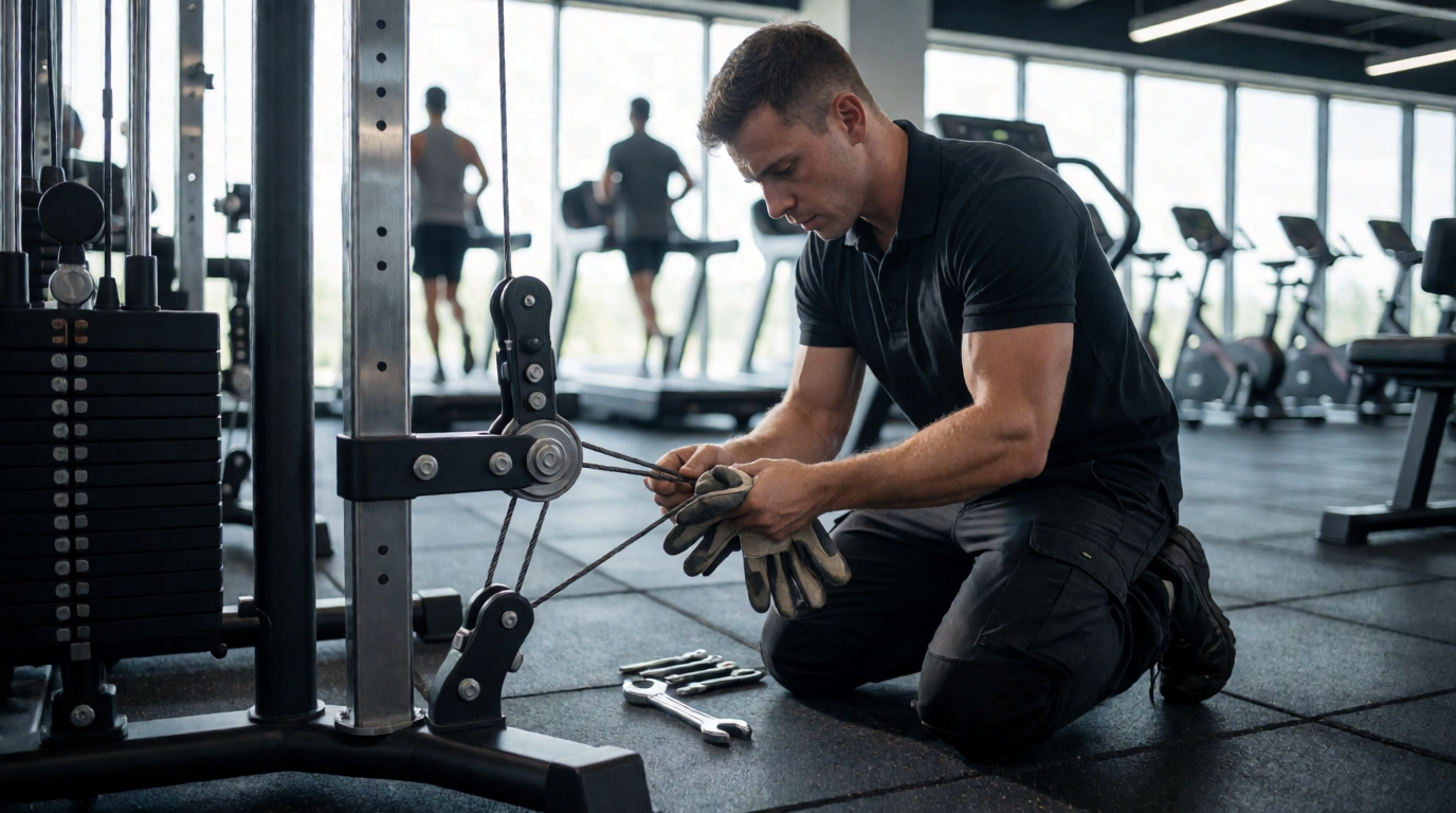 Técnico realizando manutenção preventiva em equipamentos de academia