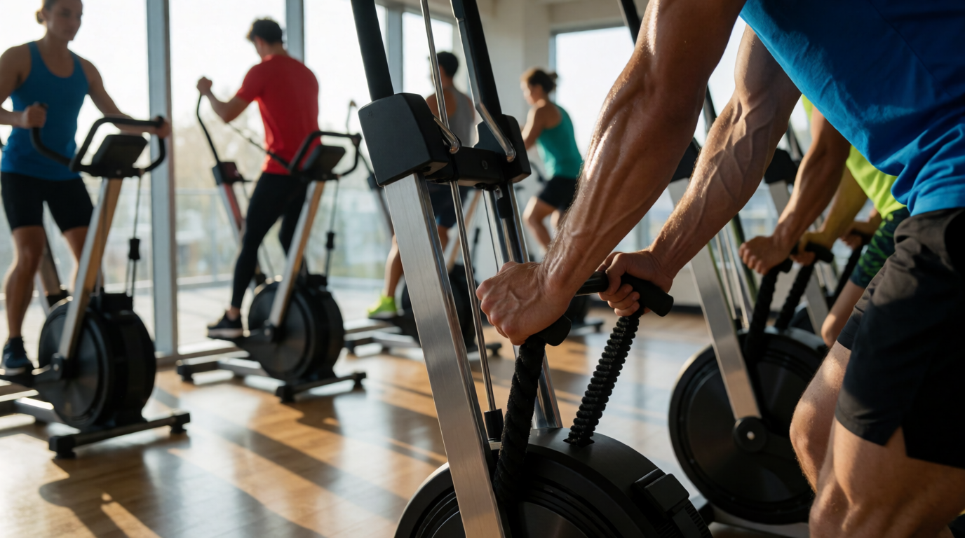 Turma realizando treino coletivo com Ski Erg