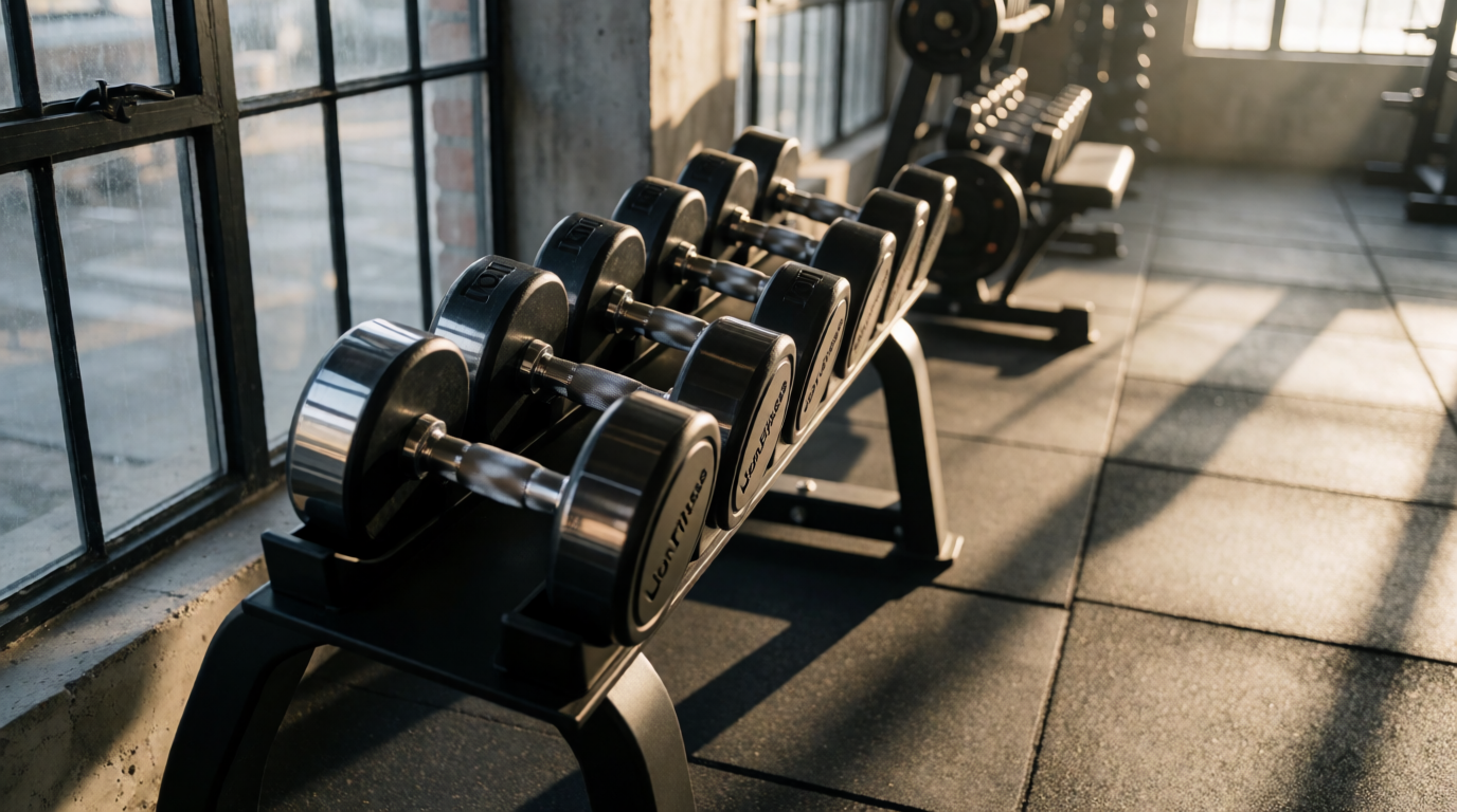 Halteres ajustáveis da Lion Fitness expostos em uma academia, com design moderno e compacto