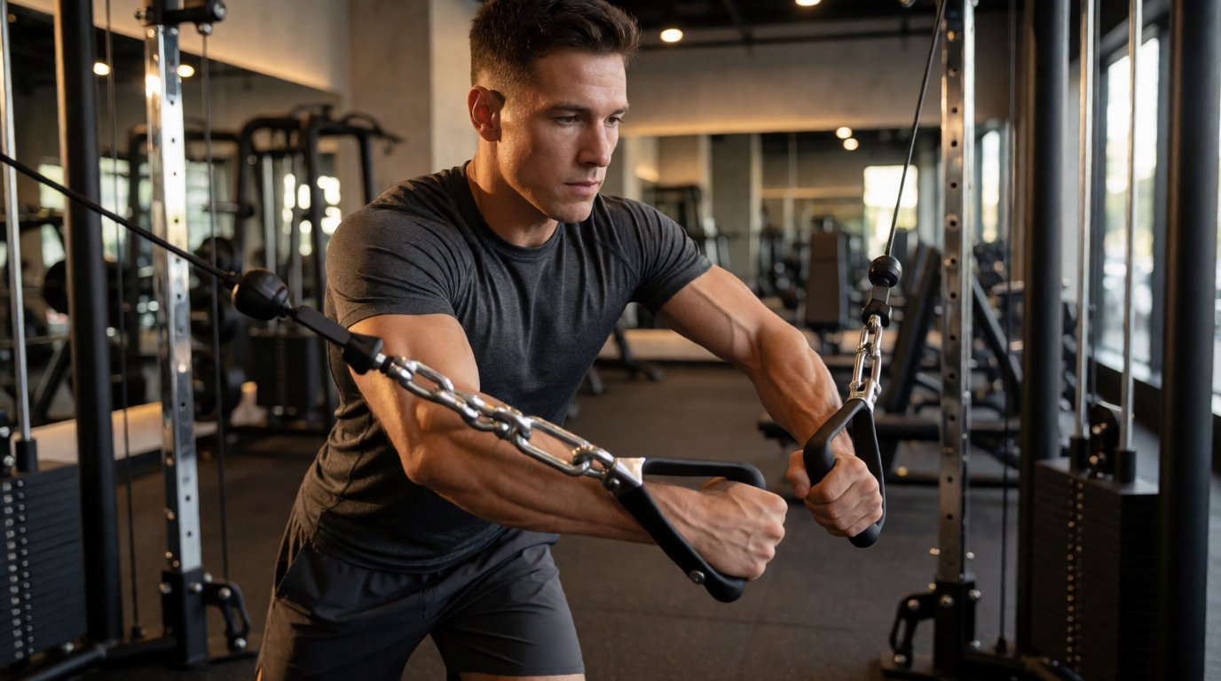 Personal trainer demonstra exercícios avançados no crossover