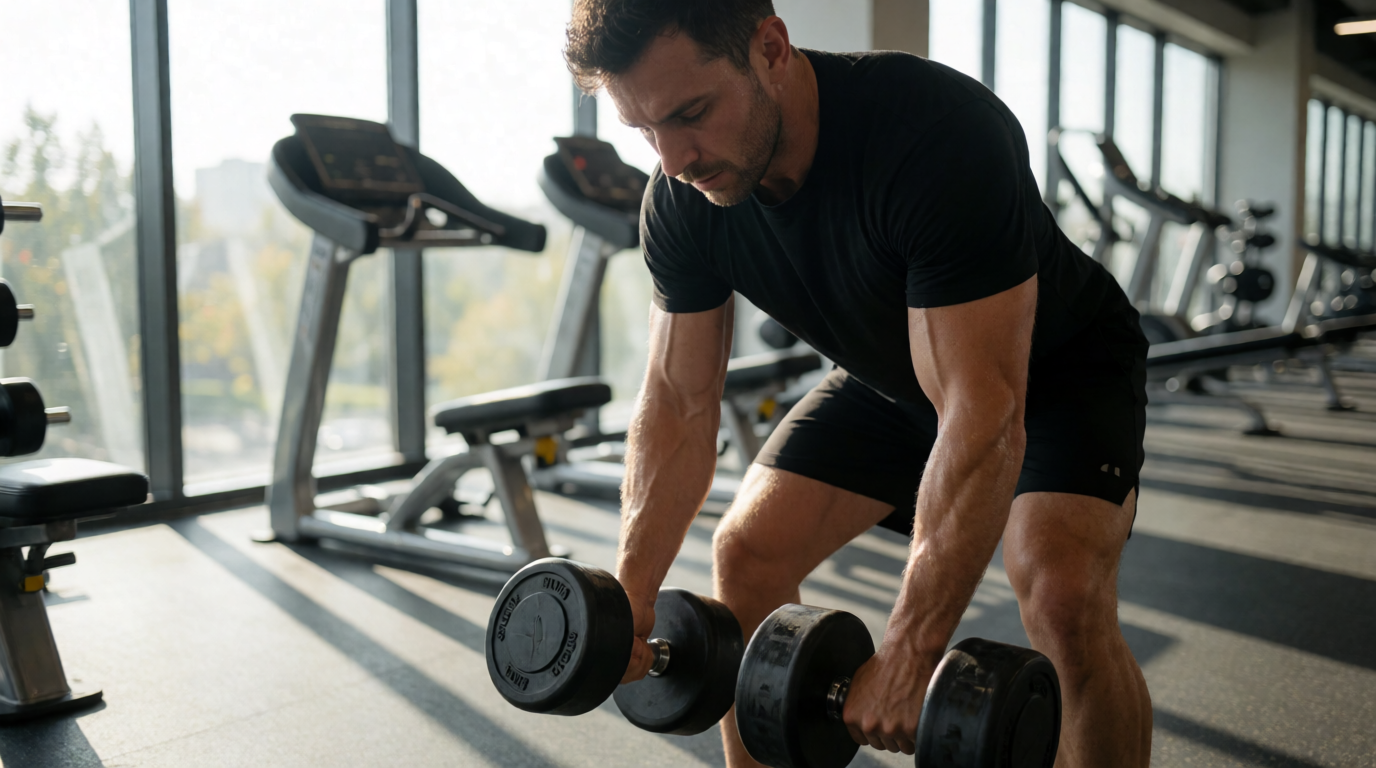 Personal trainer utilizando halteres fixos profissionais
