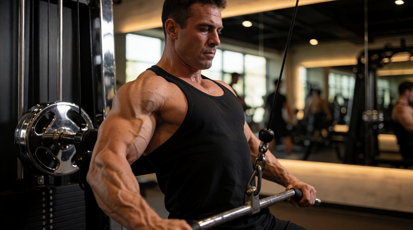Instrutor demonstrando técnica correta no Lat Pulldown