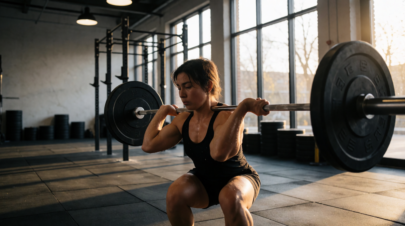 Atleta realizando levantamento olímpico em equipamento profissional