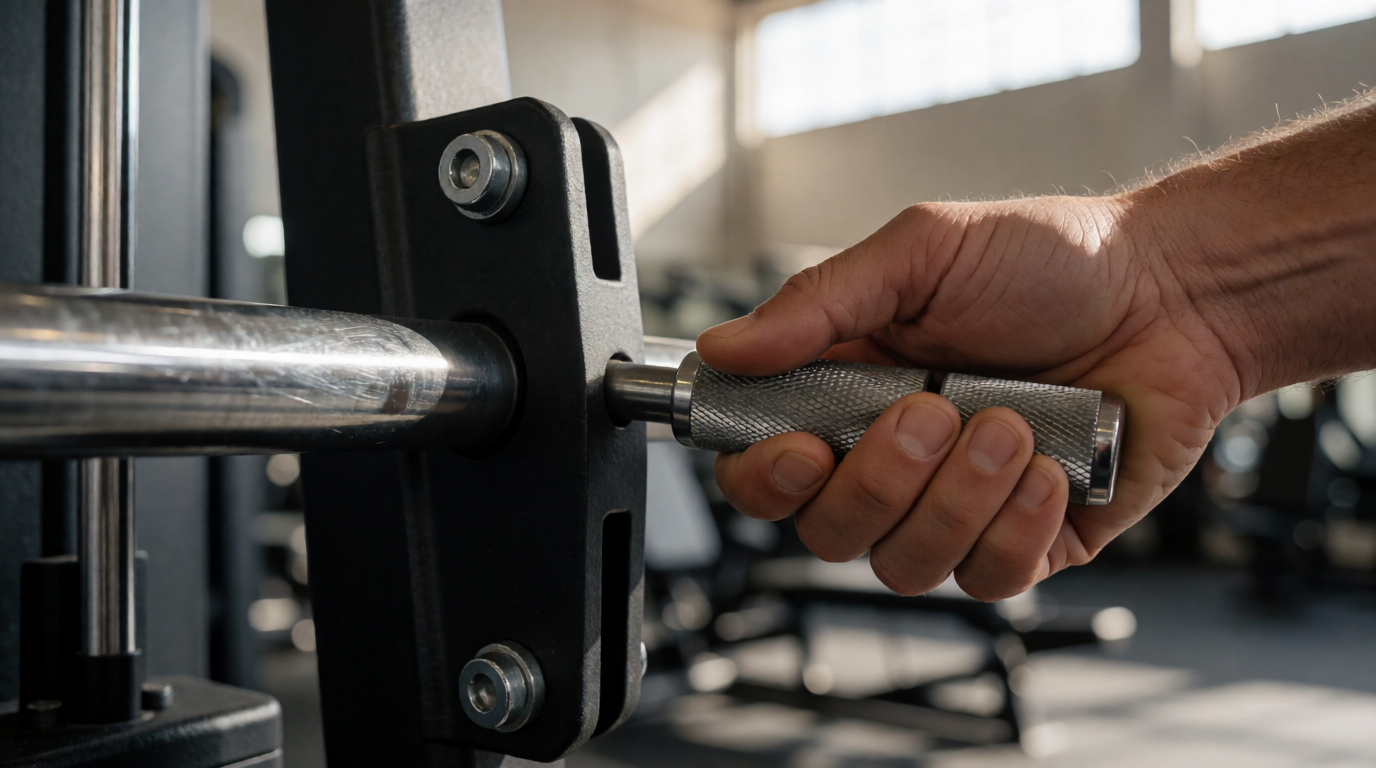 Pessoa ajustando altura de máquina de musculação com orientação profissional