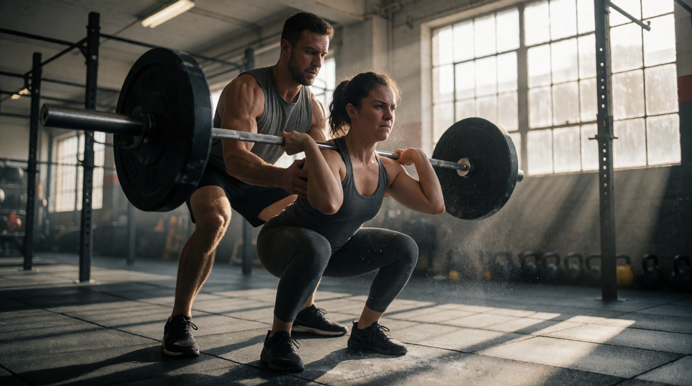 Instrutor ensinando técnica correta na plataforma CrossFit