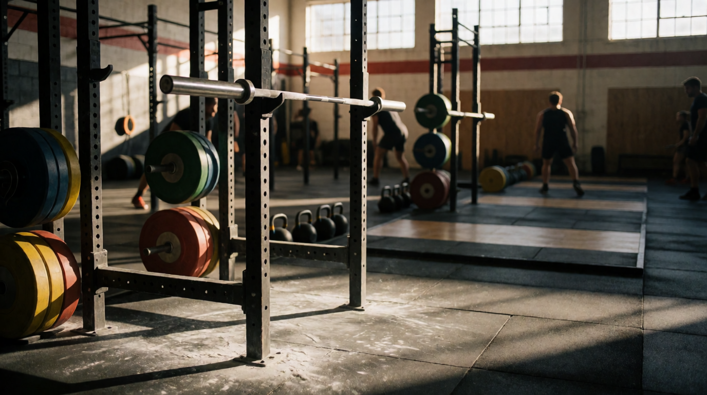 Box de CrossFit com racks, barras e equipamentos profissionais