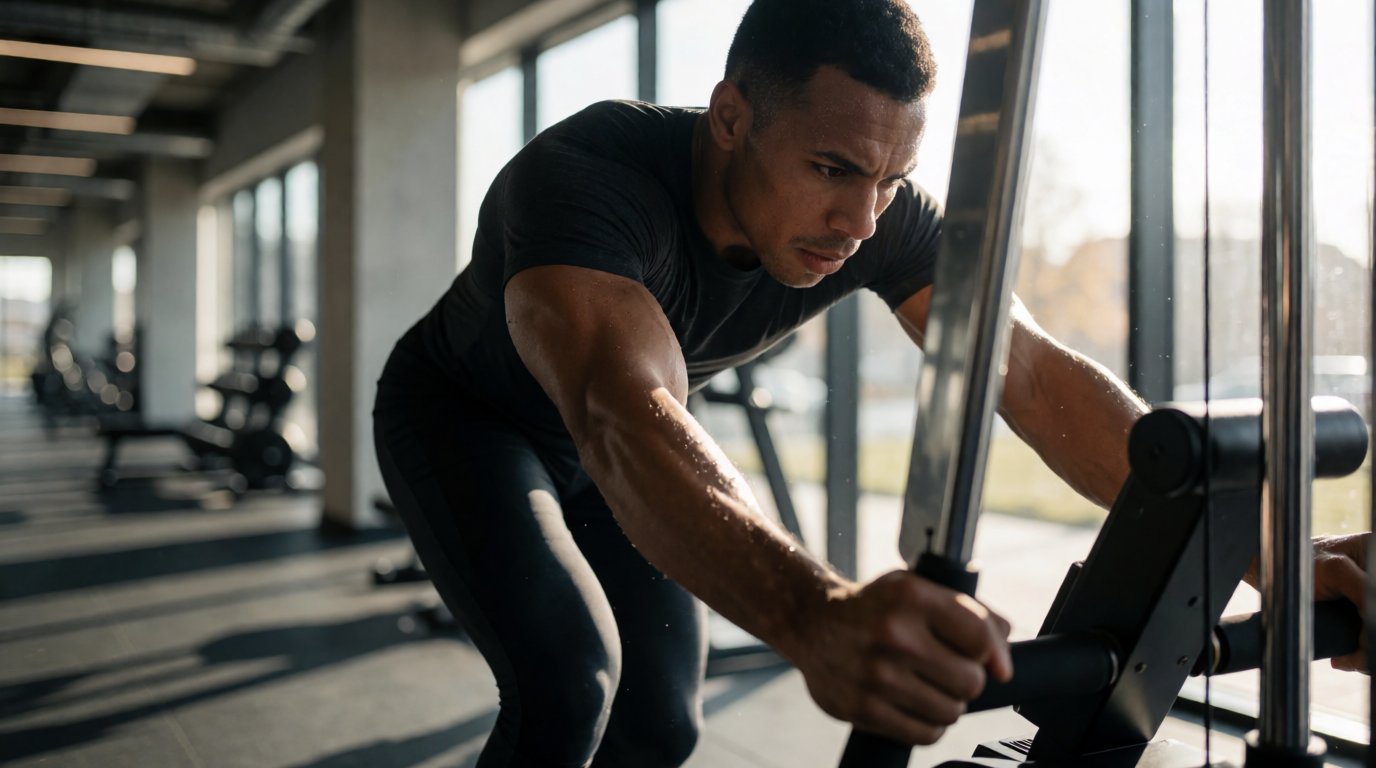 Atleta usando ski erg em academia moderna