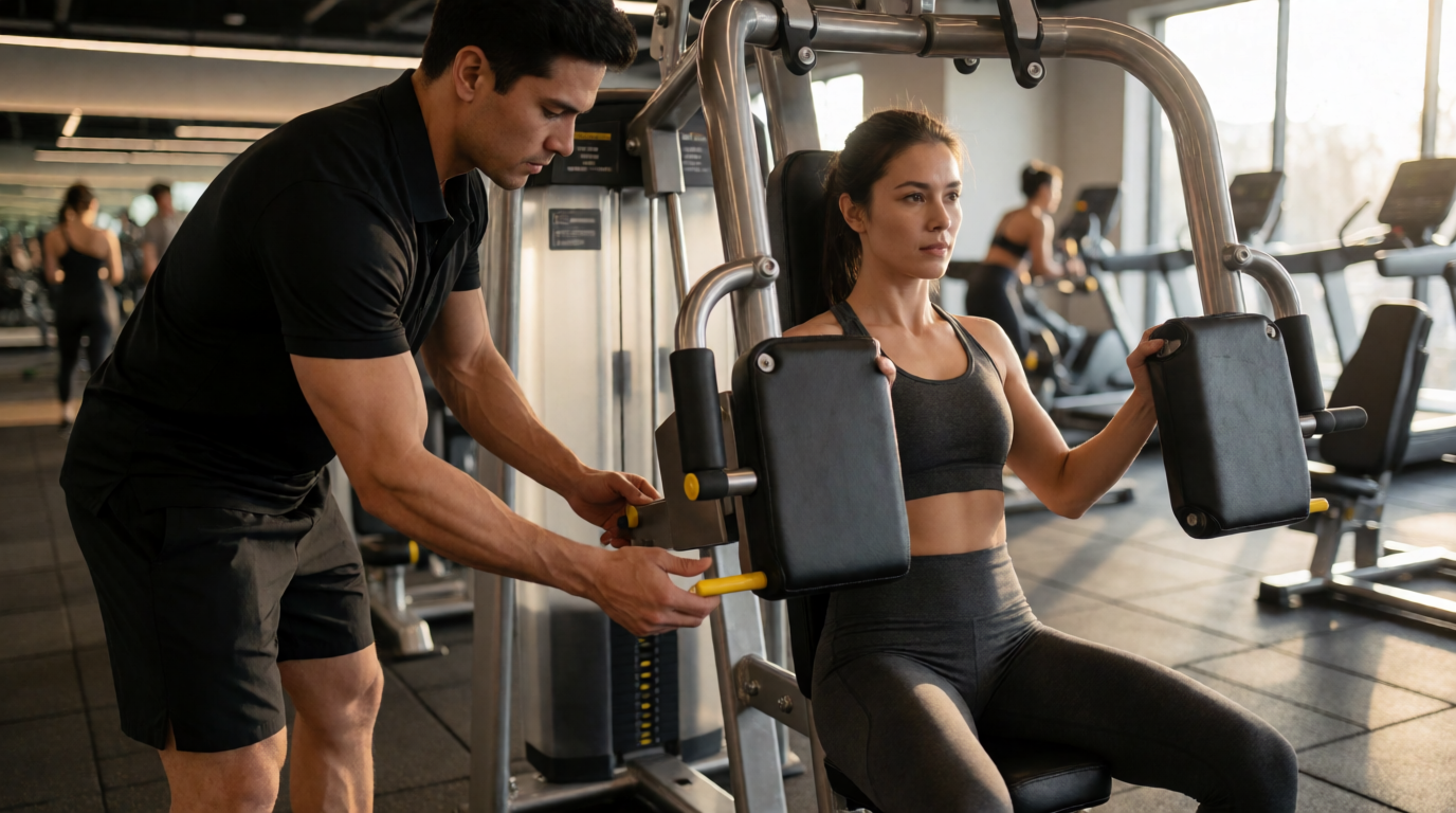 Professor de educação física ajustando máquina de shoulder press para aluno