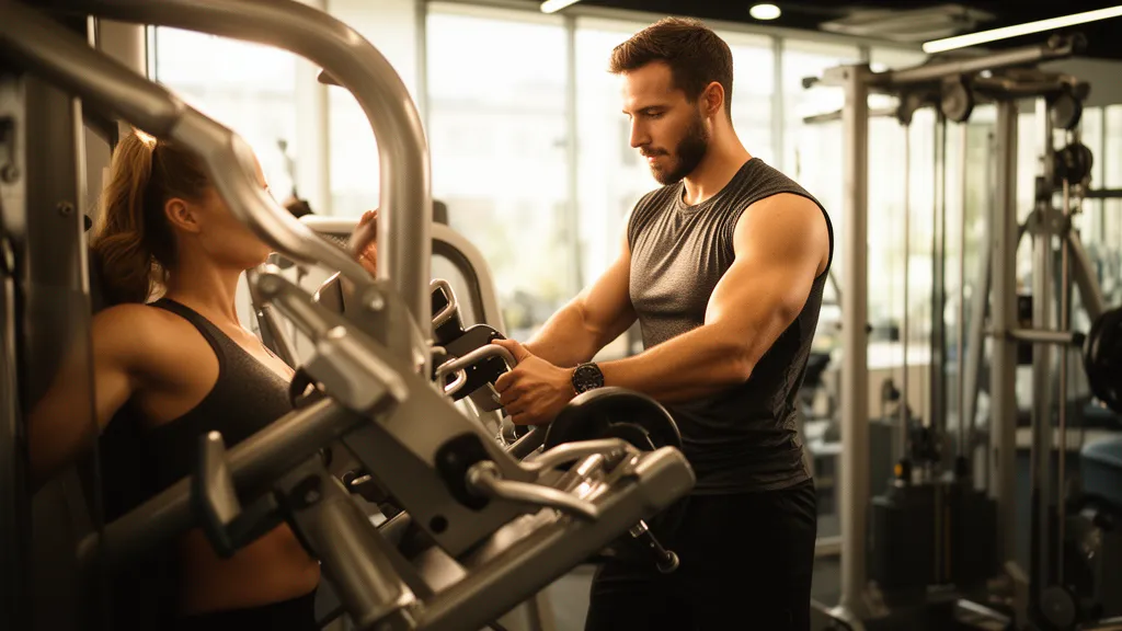 Instrutor ajustando leg developer para aluno em academia