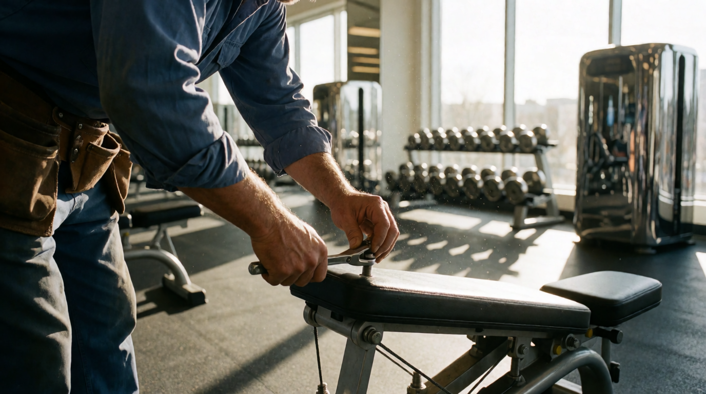 Técnico fazendo manutenção em banco de musculação