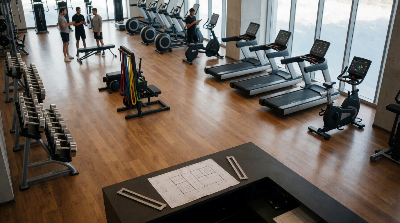 Planta baixa detalhada de layout de academia com equipamentos