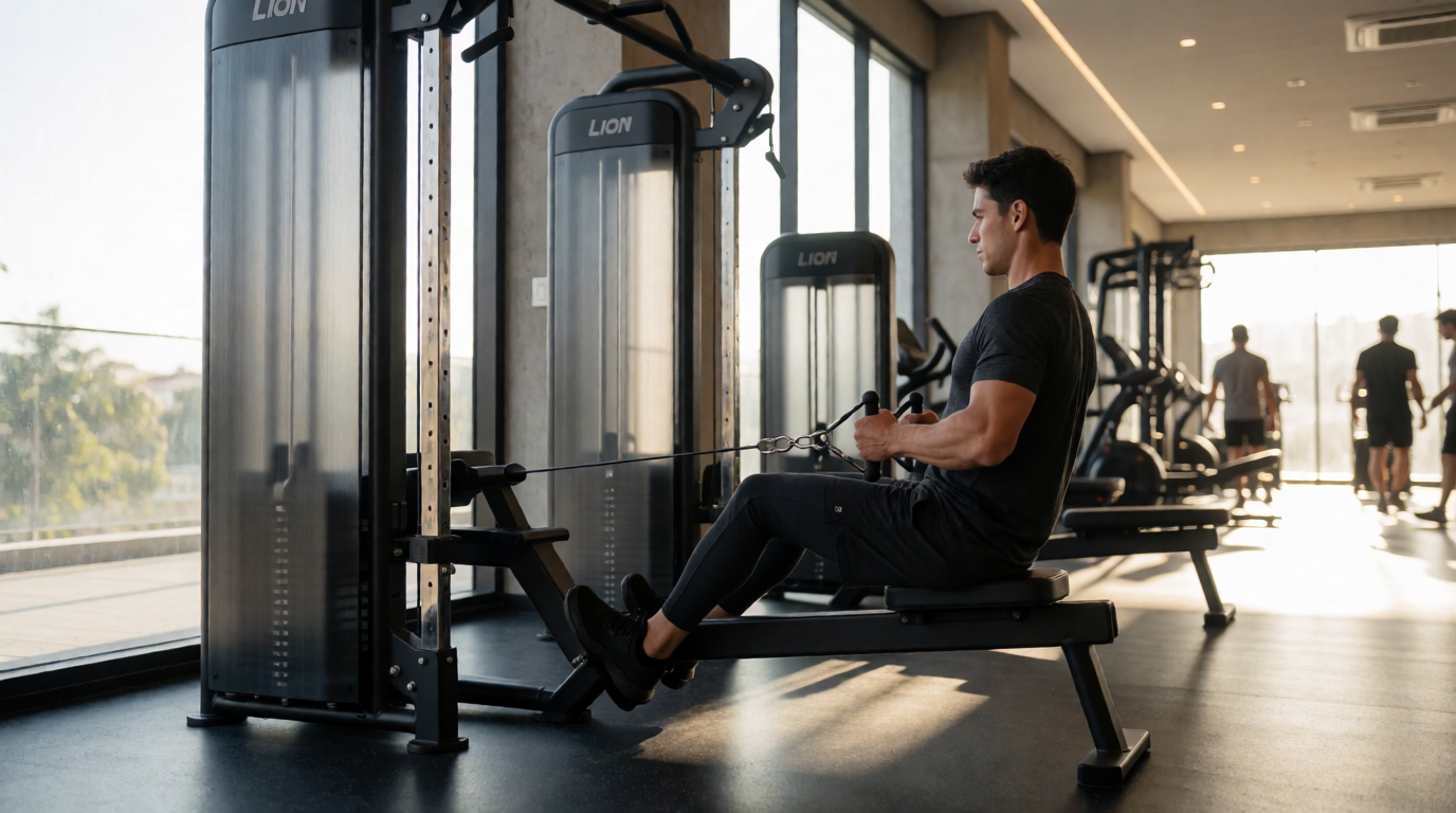 Academia moderna em Goiânia utilizando low row Lion Fitness