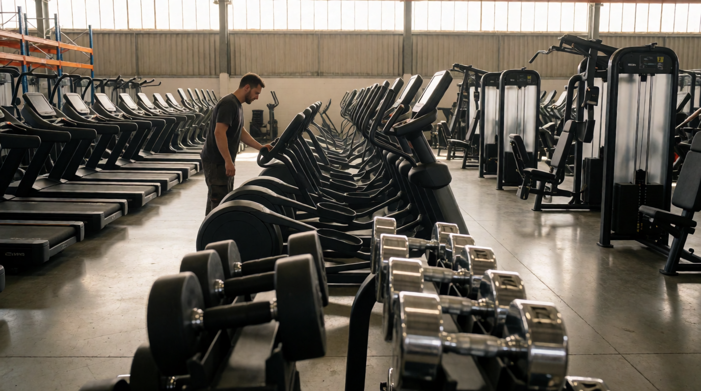 Armazém com equipamentos de academia em linhas organizadas